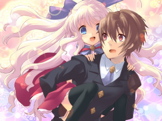 Anime couple hugging stars clouds - a pink sky free wallpaper