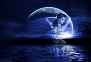 Woman standing water moon background - a moon in the background free wallpaper