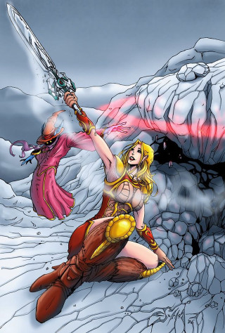 Woman kneeling sword demon behind - a snowy landscape free wallpaper