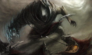 Demon attacking demon sword shield - a painting of a demon free wallpaper