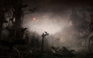 Creepy forest bird flying cemetery - bastien l. deharme free wallpaper