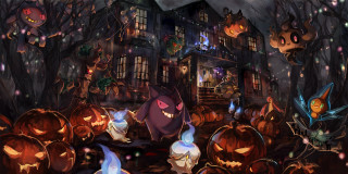 Pumpkins house lights cat autumn - gothic free wallpaper
