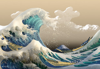 Large wave boat sky background - ukiyoe free wallpaper