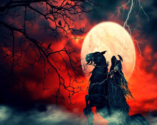 Horses full moon red sky - dark fantasy art free wallpaper