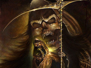 Skeleton holding sceptacle mouth sceptacle - art of brom free wallpaper