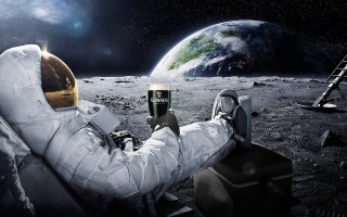Man space suit moon drinking - a ladder in the background free wallpaper