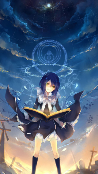 Girl reading book sky blue - above her free wallpaper for mobile