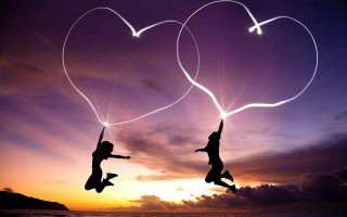 Flying people hearts sky ocean - two person free wallpaper for desktop