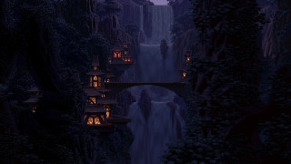 Waterfall bridge night lights background - kinkade free wallpaper