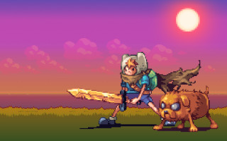 Pixel art person backpack dog - a sunset free wallpaper
