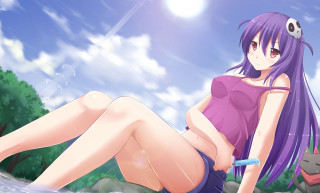 Purple haired girl sitting rock - a toothbrush free wallpaper