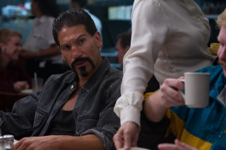 Man mustache sitting table woman - lowbrow free wallpaper