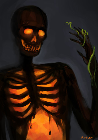 Skeleton holding candle green plant - free 3d render wallpaper