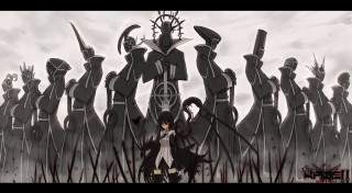 Demon statue group people horns - epic composition free wallpaper