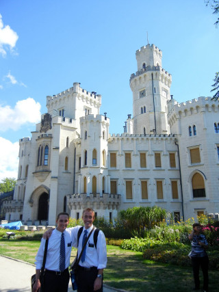 Two men ties castle clock - german romanticism free wallpaper for mobile