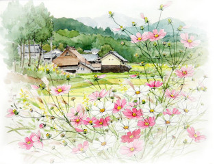 Field flowers houses watercolor country - a watercolor painting free wallpaper