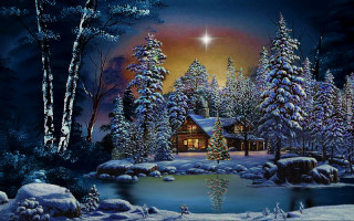 Cabin woods night star pond - magical atmosphere free wallpaper