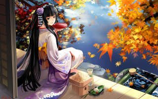 Woman kimono porch autumn leaves 2 - a porch free wallpaper