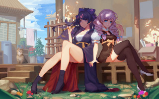 Anime girls bench cat background - the ground behind them free wallpaper