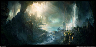 River cave water trees light - a painting of a river free wallpaper