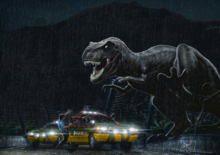 Dinosaur attacking taxi rain man - a dinosaur free wallpaper