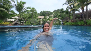 Woman pool water hose man - dynamic camera angle free wallpaper