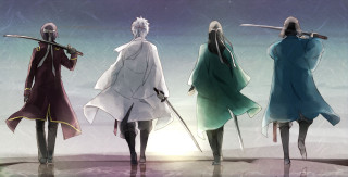 Anime characters swords standing line - three anime character free wallpaper