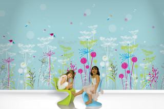 Girls chair flower wallpaper butterfly - two girl free wallpaper