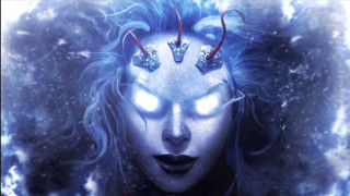 Blue haired woman glowing horns - a snow background free wallpaper