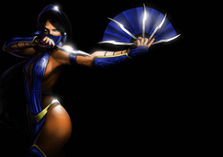 Woman blue costume fan knife - a black background behind her free wallpaper