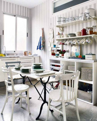 Kitchen table chairs shelf dishes - a window in the background free wallpaper