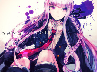 Anime girl longhair blackjacket pinkponytail - a red bow free wallpaper for desktop