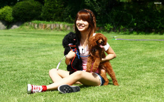 Woman dogs grass cellphone camera - chen jiru free wallpaper