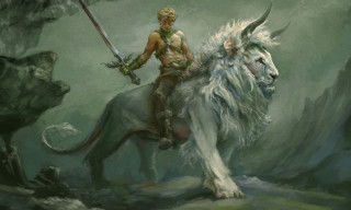 Man riding white lion sword - epic fantasy character art free wallpaper