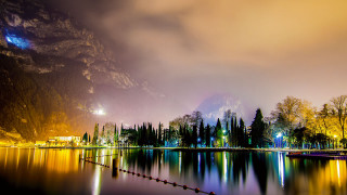 Lake mountain night lights reflection - a mountain in the background free wallpaper