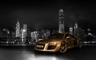 Gold sports car city skyline 4 - luxury free wallpaper