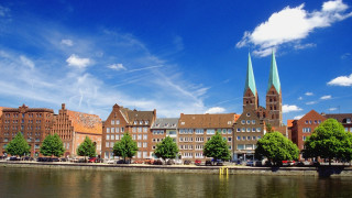 City river church steeple blue 2 - heidelberg school free wallpaper