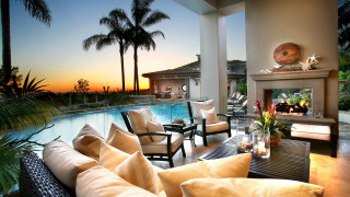 Living room fireplace pool sunset - luxury free wallpaper