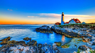 Lighthouse rocky shore sunset background - a rocky shore free wallpaper for desktop