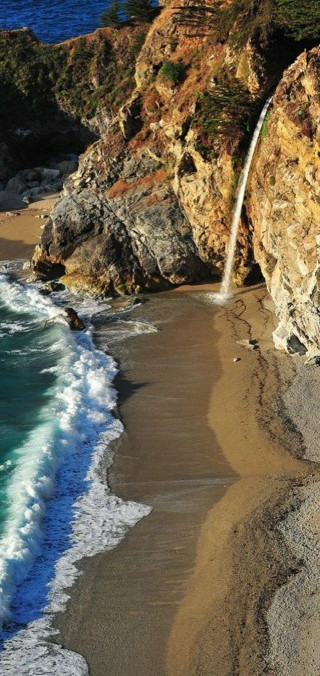 Beach waterfall cliff ocean rocky - free beach wallpaper for mobile