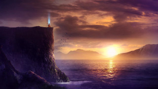 Lighthouse cliff ocean sunset birds - liam brazier free wallpaper