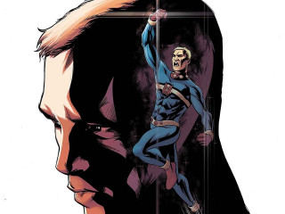 Man blue suit red cape - a black mask free wallpaper