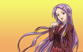 Girl purple hair suit posing - flowing hair free wallpaper