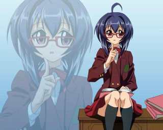 Girl red jacket glasses sitting - a desk free wallpaper