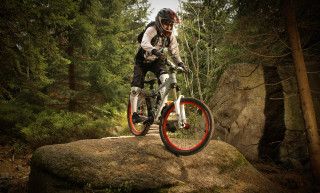 Man riding bike rock woods 2 - the background and a rock in the foreground free wallpaper