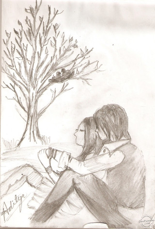 Couple sitting tree bird flying - a pencil sketch free wallpaper