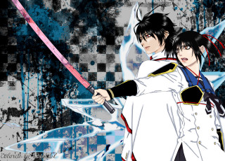 Anime characters swords pose blue 2 - a background free wallpaper