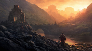 Man standing rocky cliff river - a castle free wallpaper