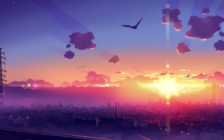 Sunset birds city skyline flying - alena aenami free wallpaper for desktop