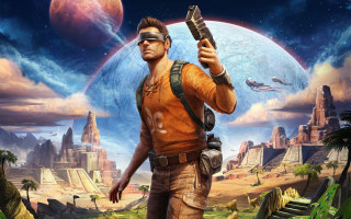 Man gun futuristic landscape giant - a giant moon in the background free wallpaper